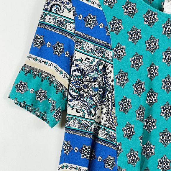 Chico's Teal Print Flare Chiffon Trim Jersey Top Shirt Tee Womens 0 Small Petite - Picture 3 of 6